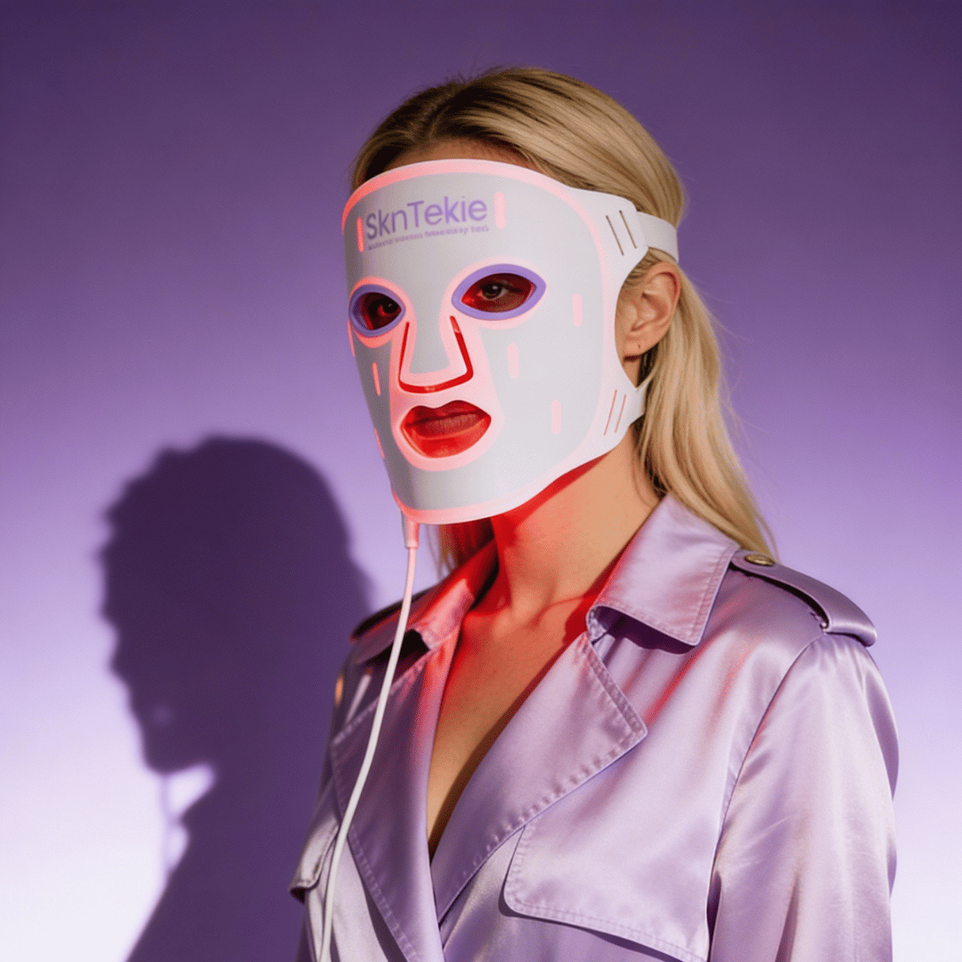 Skintekie FDA-cleared LED face mask worn during at-home light therapy session