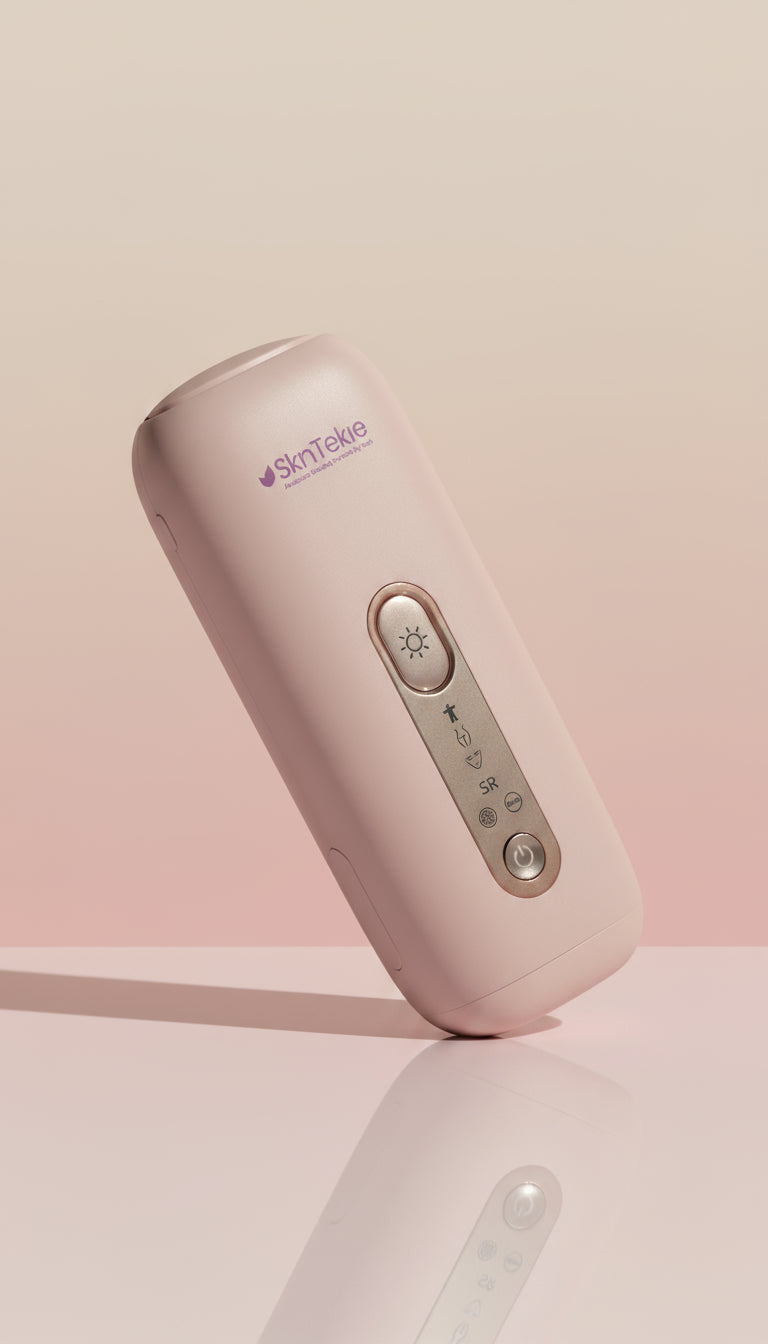 Pink and white hair removal device with 'Skintekie' branding on a light pink background