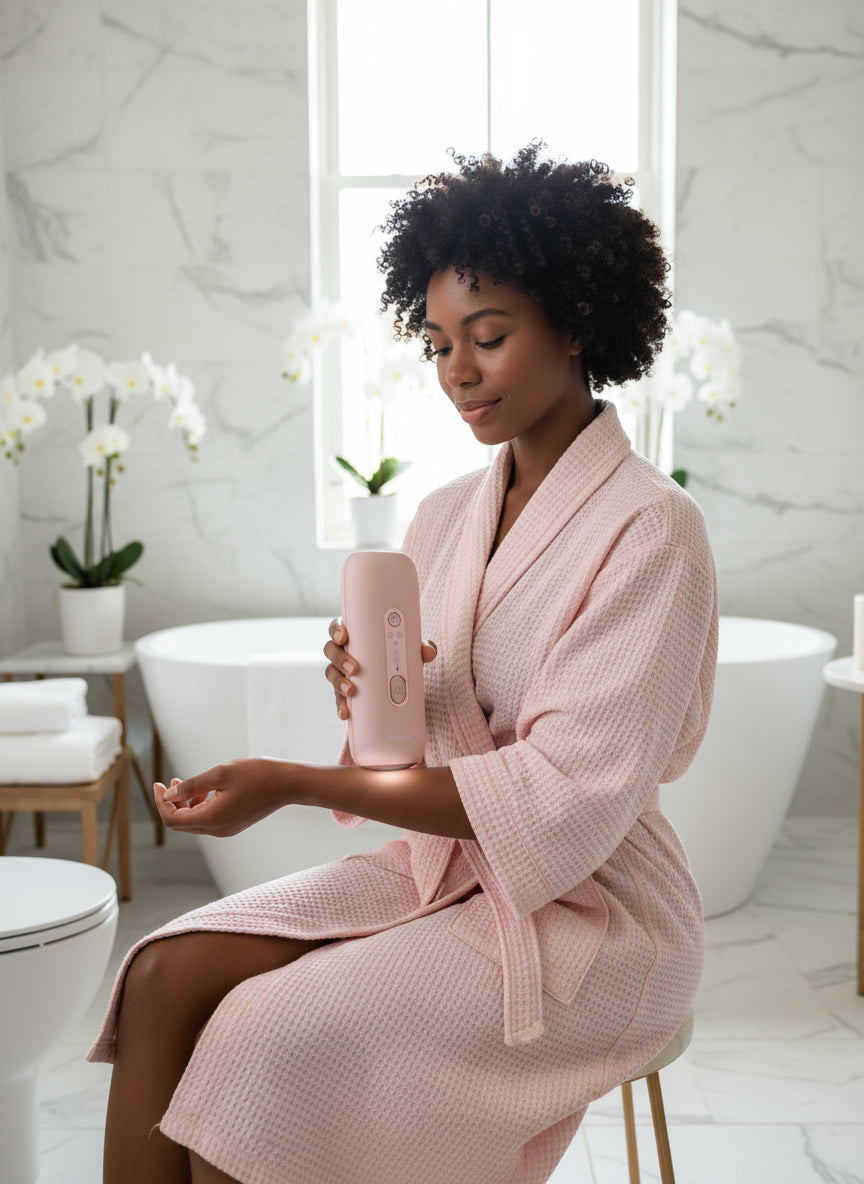 Young woman using Skintekie IPL device on leg for smooth hair-free skin