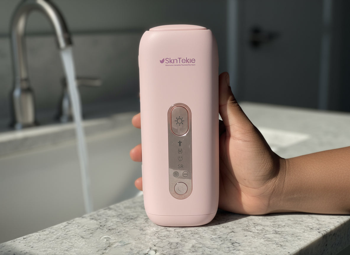 Pink handheld device with 'SkinTekier' branding held by a hand on a kitchen counter.