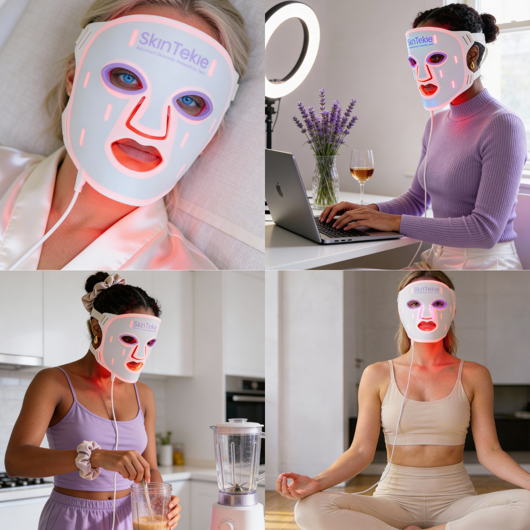 Woman wearing a LED face mask in various settings, including a kitchen and office.
